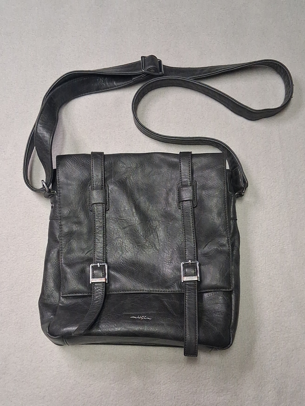 Men's Dark Grey Leather-Look Messenger Bag with Buckle Straps